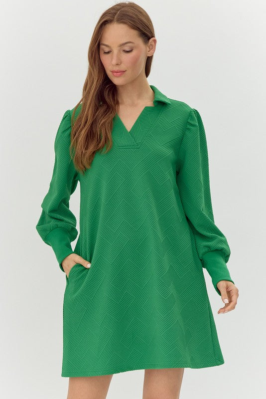 Green Textured Open Collared Neck Dress