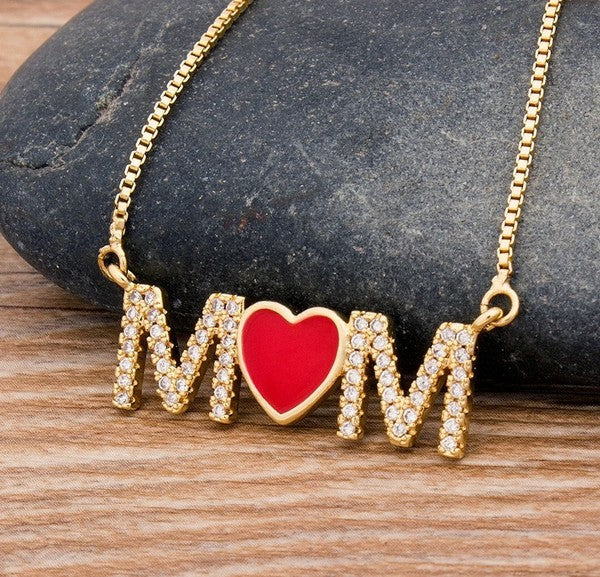 Red Heart Rhinestone Mom Necklace