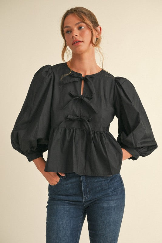 Black Triple Bow Peplum Top