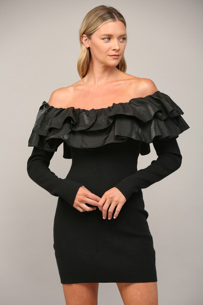 Black Ruffle Detail Sweater Mini Dress