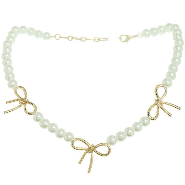 Gold Pearl Bow Necklace