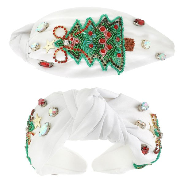 White Christmas Tree beaded Headband