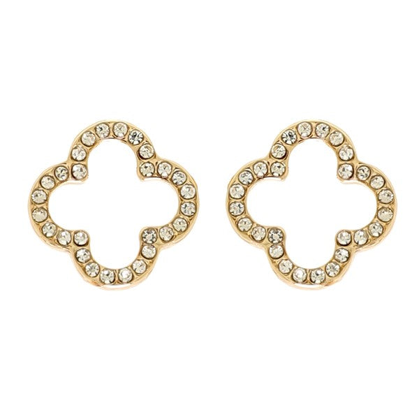 Gold Rhinestone Quatrefoil Stud Earrings