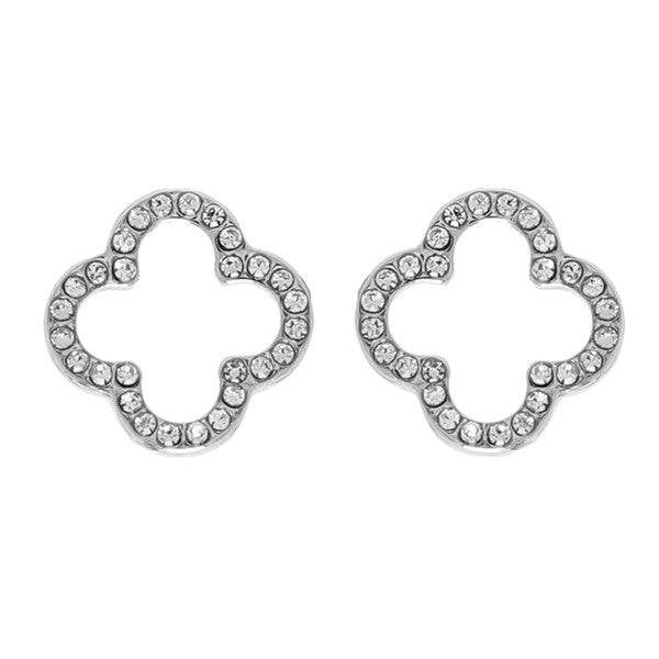 Silver Rhinestone Quatrefoil Stud Earrings