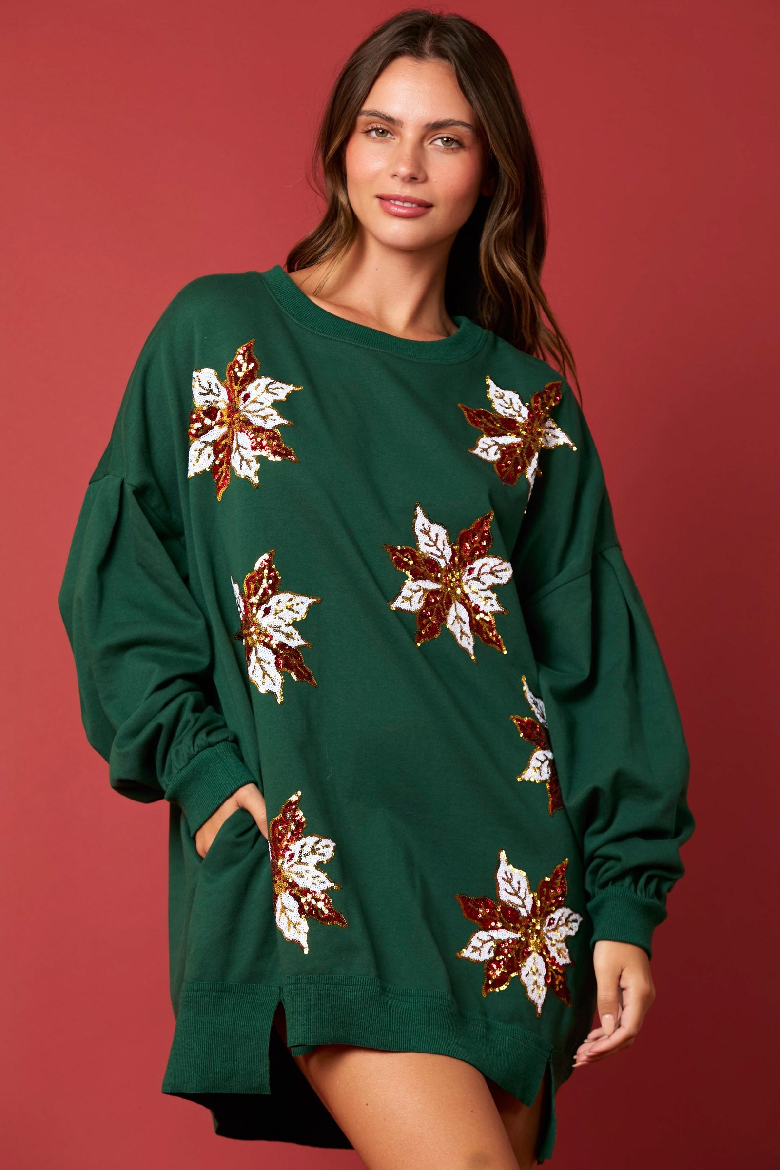 Green Sequin Poinsettia Sweater Dress