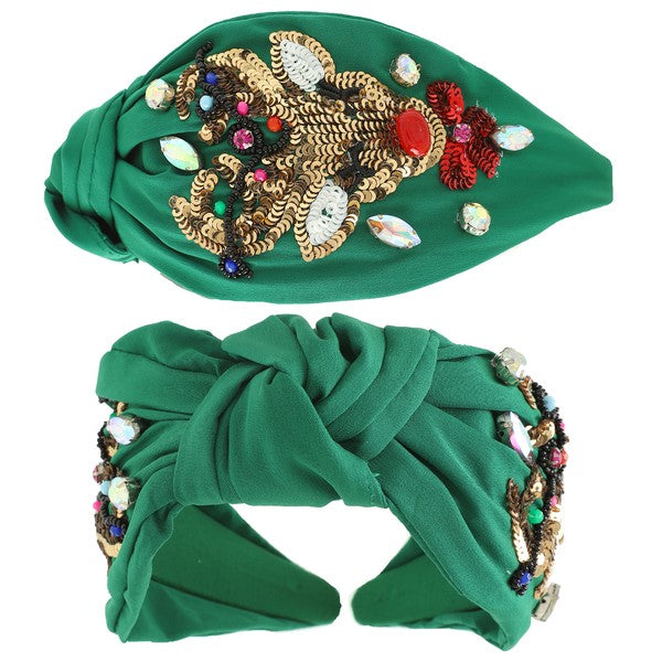 Green Sequin Reindeer Knot Headband