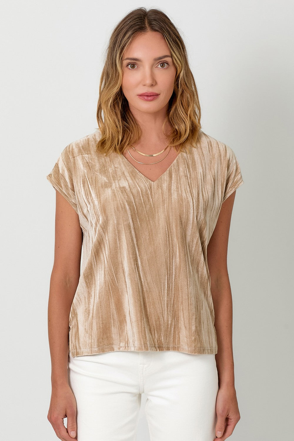 Sand Velvet V-Neck Top