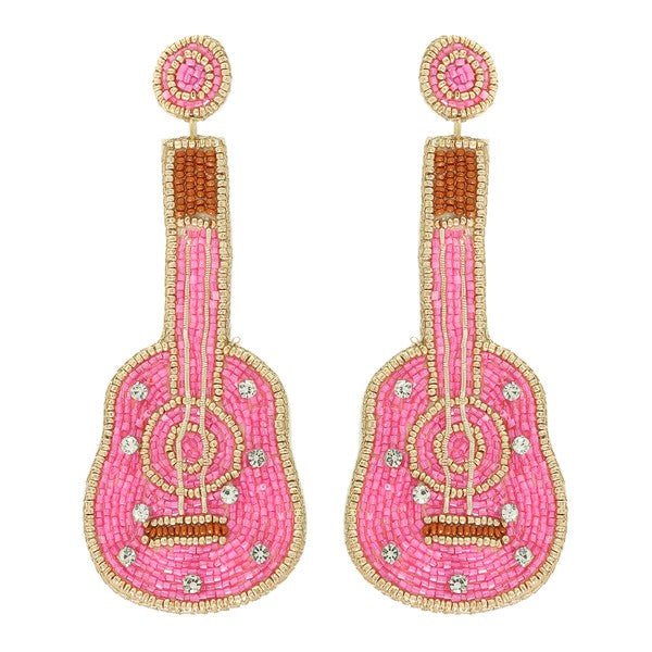 Pink Beaded Guitar Earrings