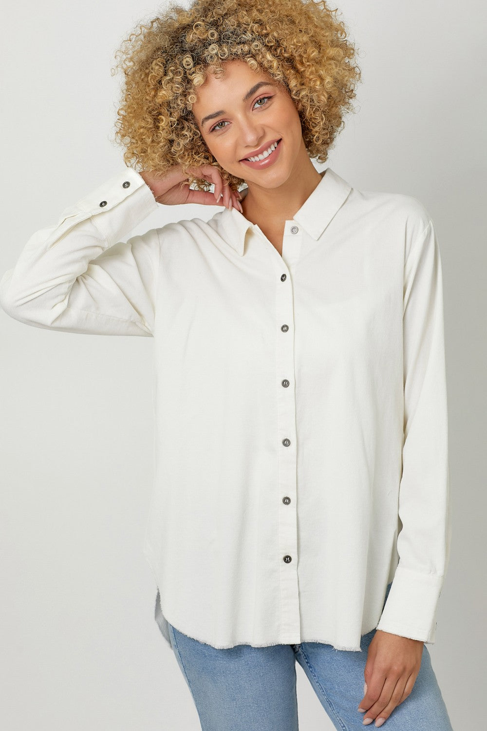 White Corduroy Button Up Top