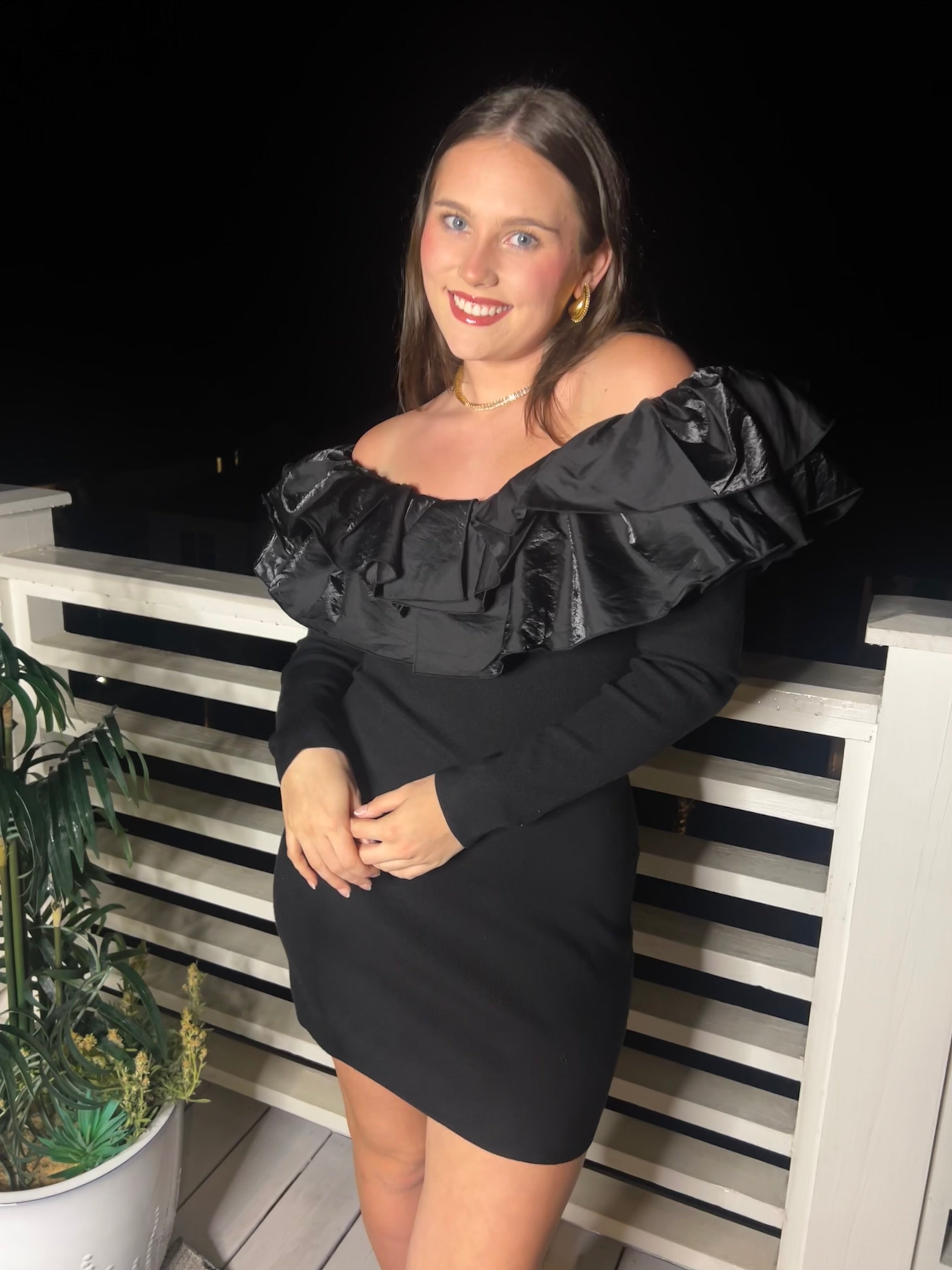 Black Ruffle Detail Sweater Mini Dress