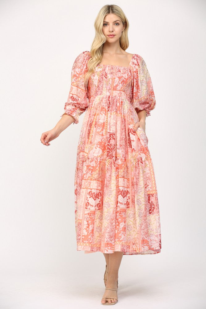 Flower Print Smocked Bodice Tiered Midi Dress