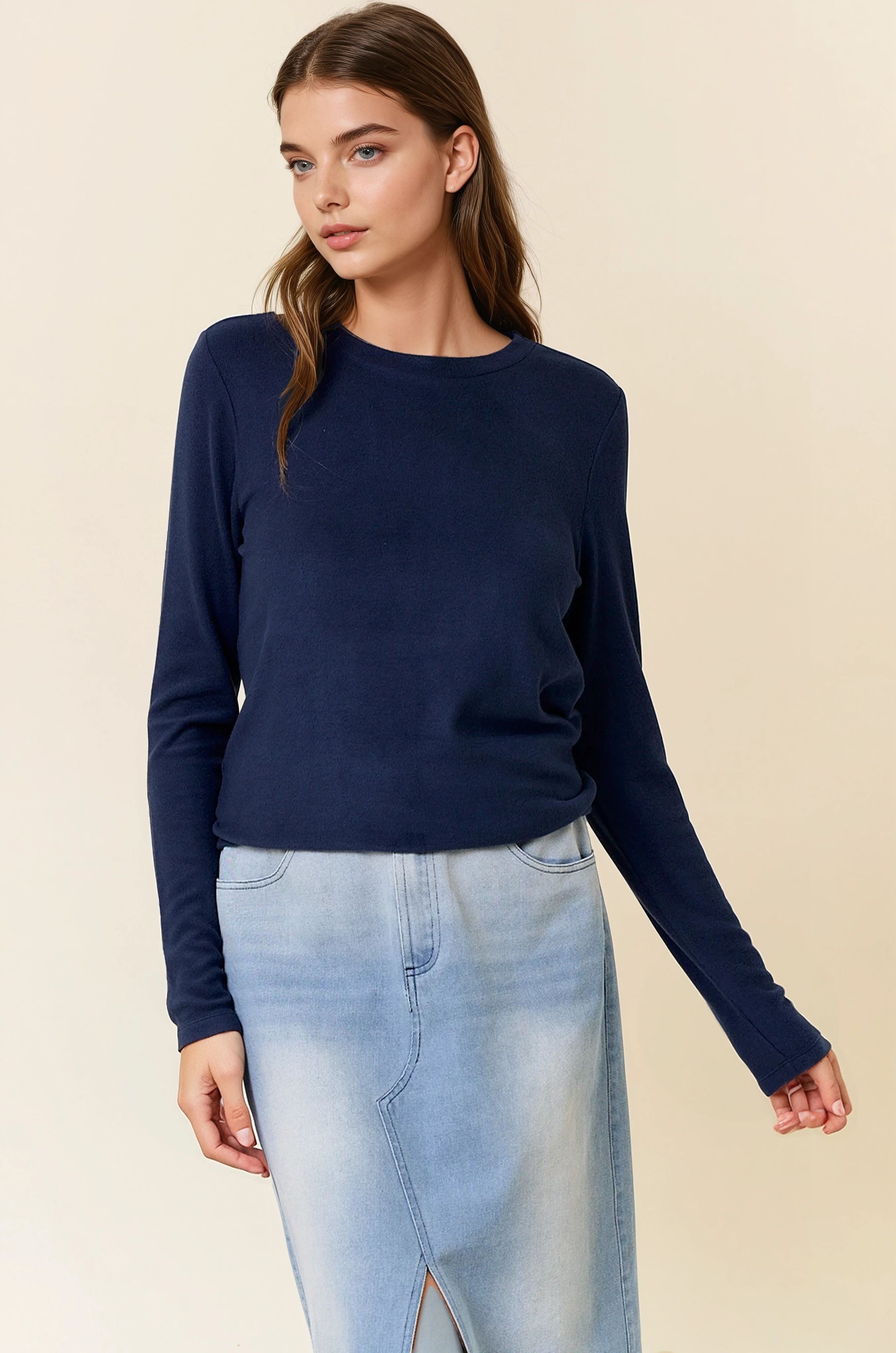 Navy Ribbed Long Sleeve Top
