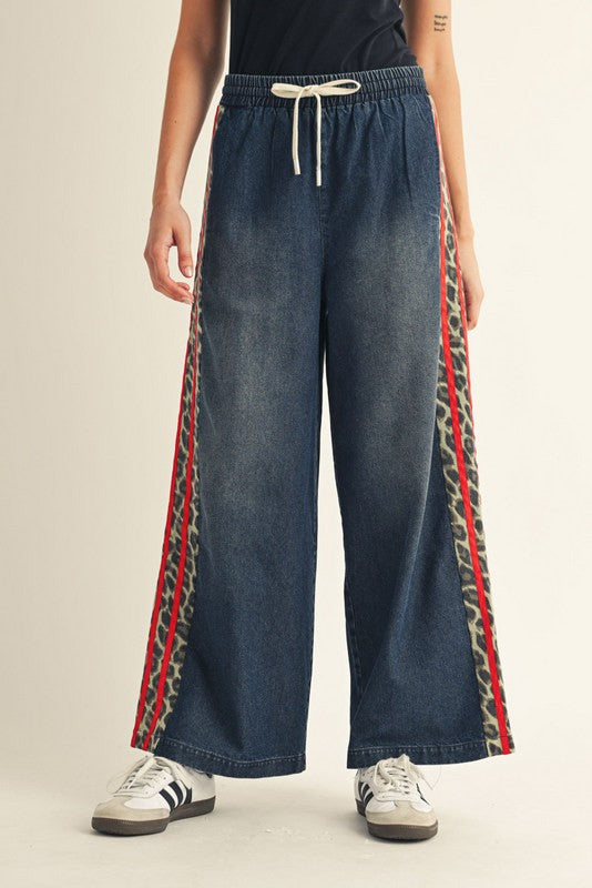 Dark Denim Leopard Red Stripe Pants