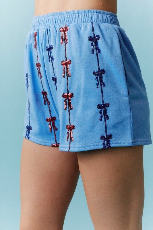 Blue Sequin Bow Shorts
