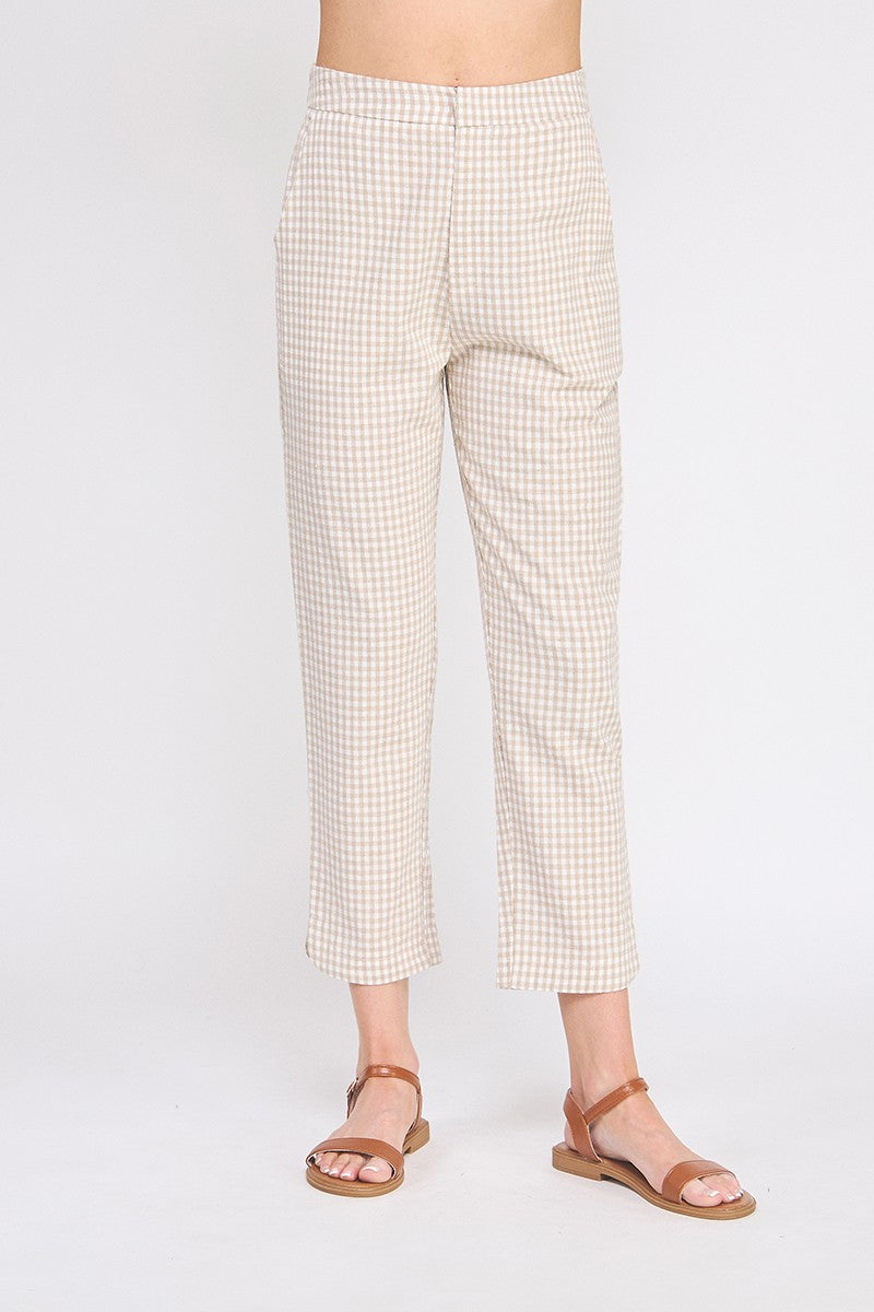 Natural Gingham Tapered Ankle Pants