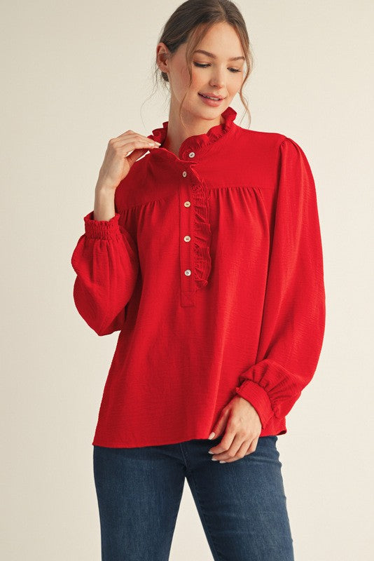 Red Ruffle Button Top