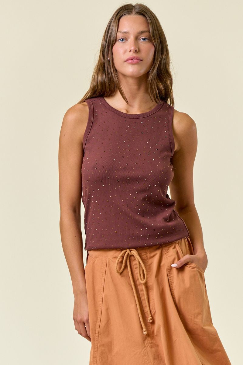 Chocolate Rhinestone Ribbed Tank
