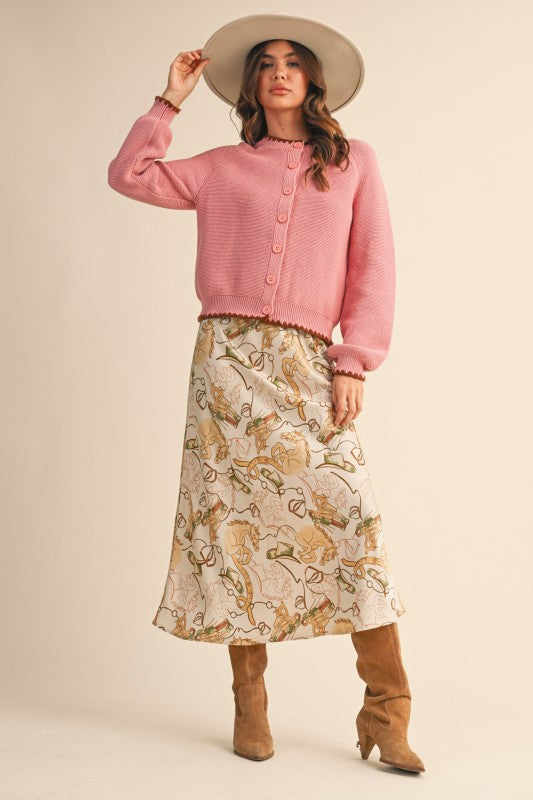 Cream Western Satin Midi Skirt