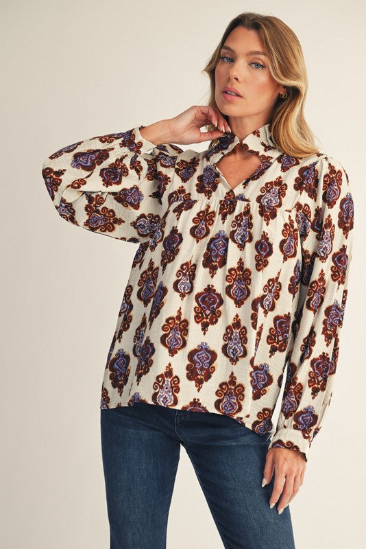 White Damask Long Sleeve Top