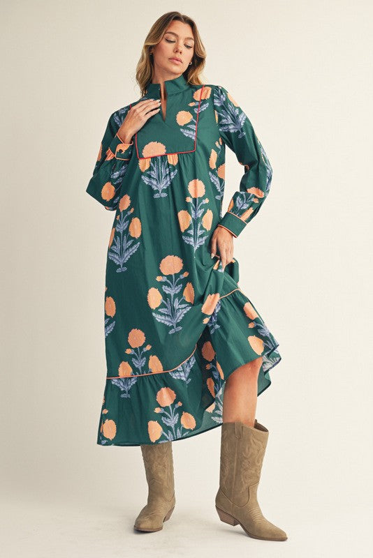 Hunter Green Floral Midi Dress