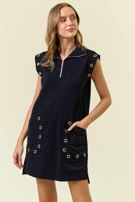 Black Grommet Zip Sweatshirt Dress