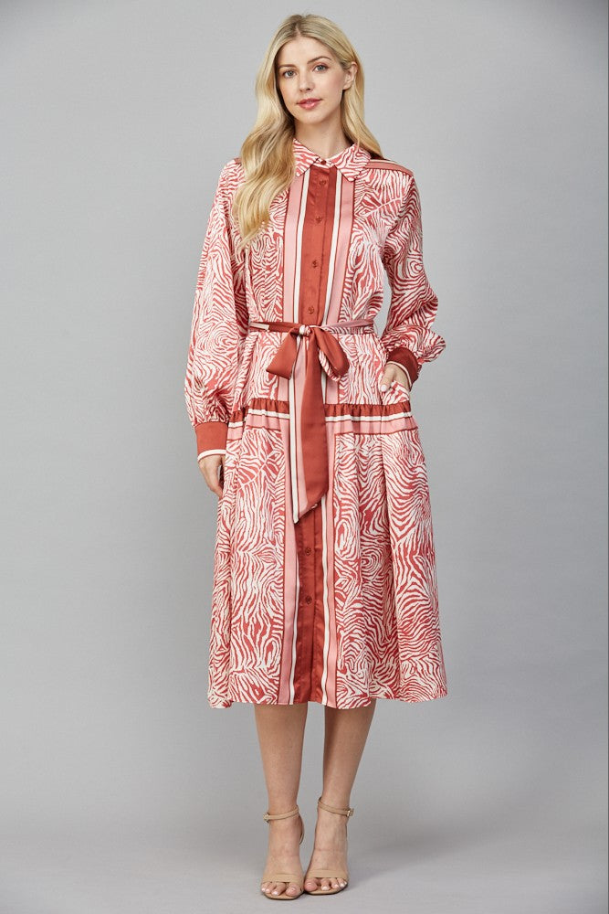 Animal Print Satin Tie Waist Midi Dress