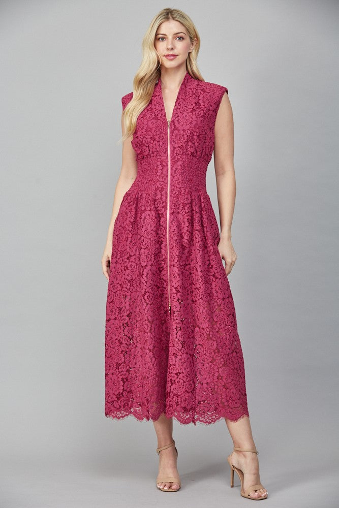 Merlot Front Zip Lace Midi Dress
