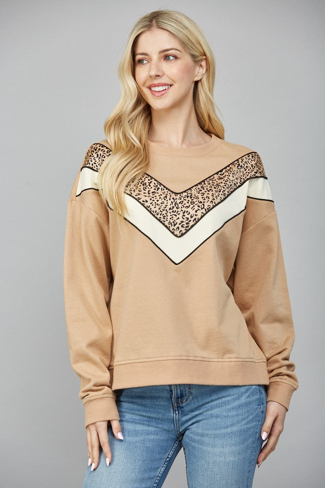 Camel Leopard Stripe Sweatshirt