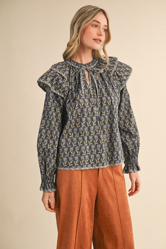 Grey Floral Flutter Contrast Top