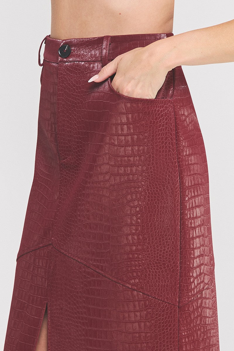Wine Faux Snake Leather Midi Skirt
