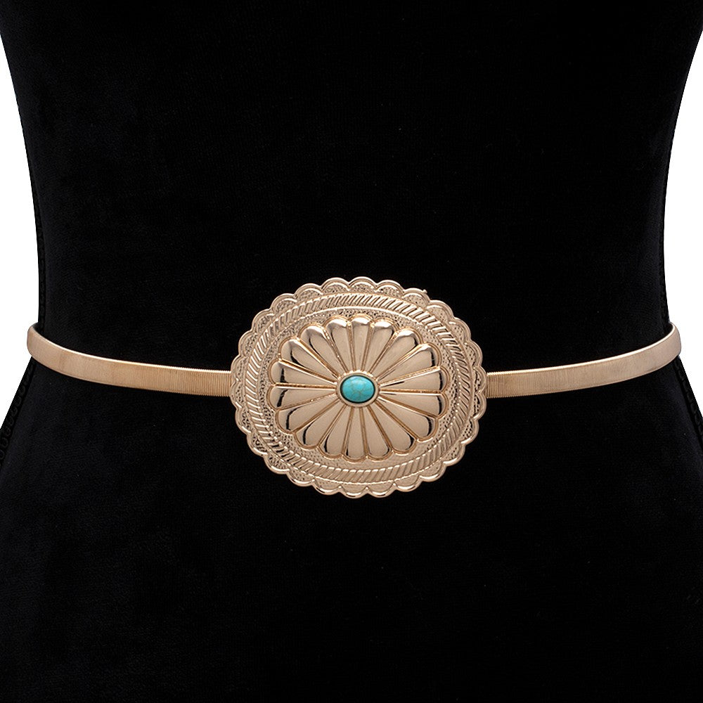 Gold Western Engraved Metal Concho Thin Belt