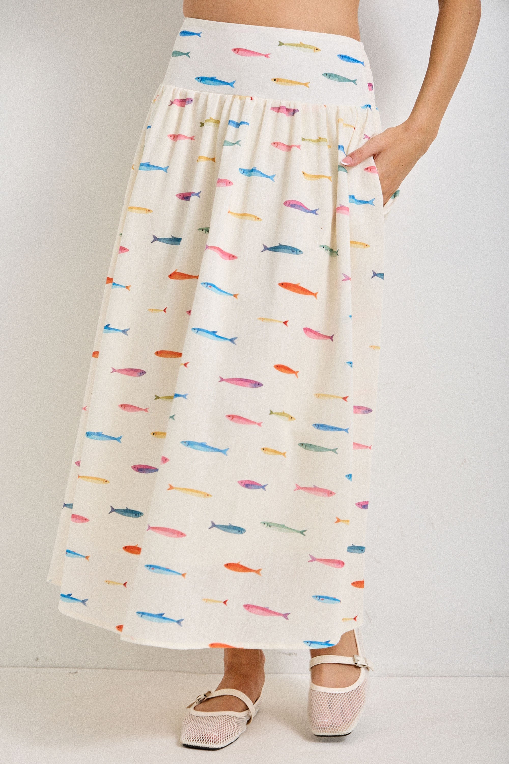 White Fish Print Midi Skirt