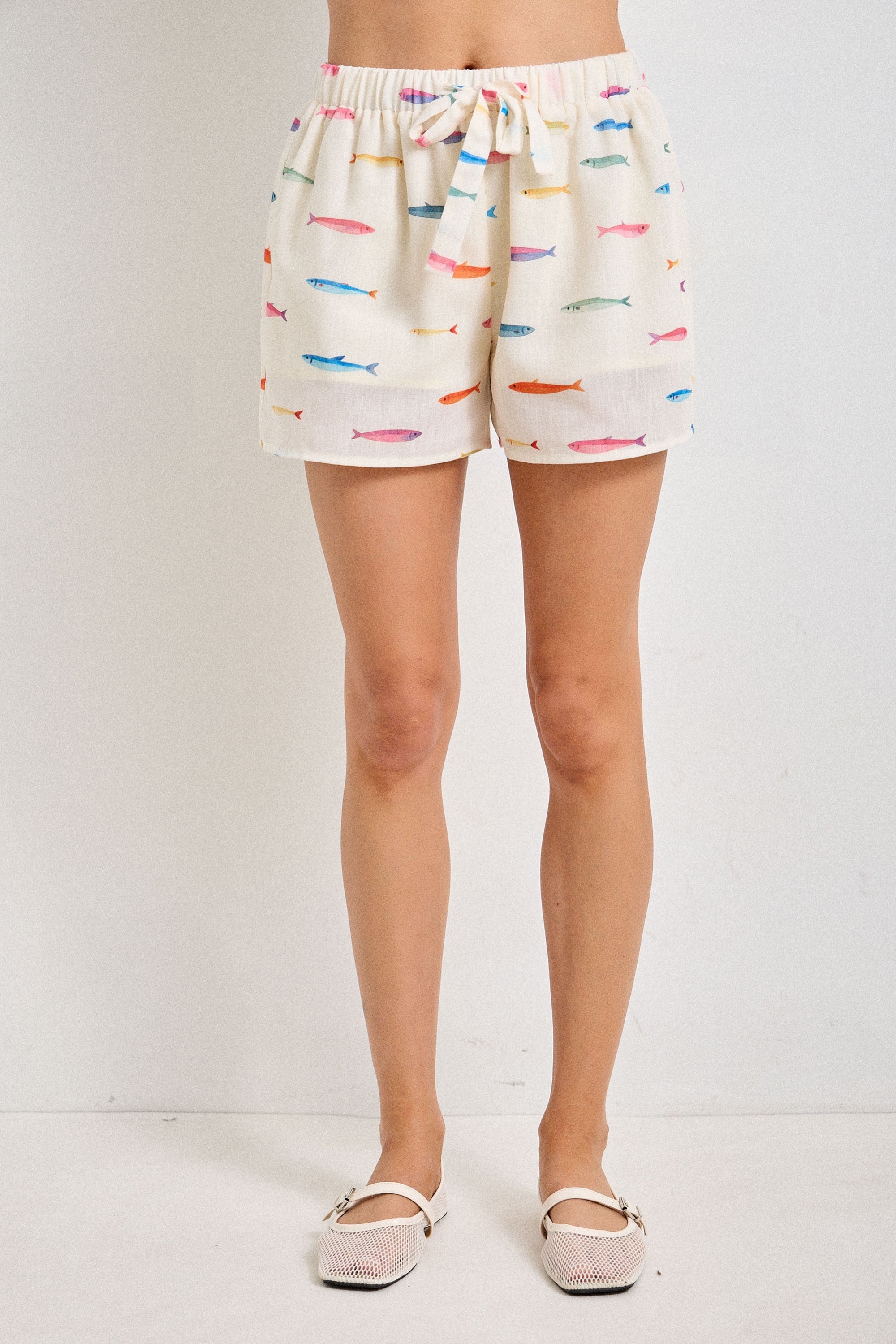 White Fish Print Shorts