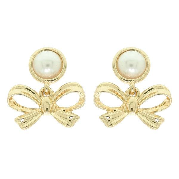 Gold Bow Pearl Earrings