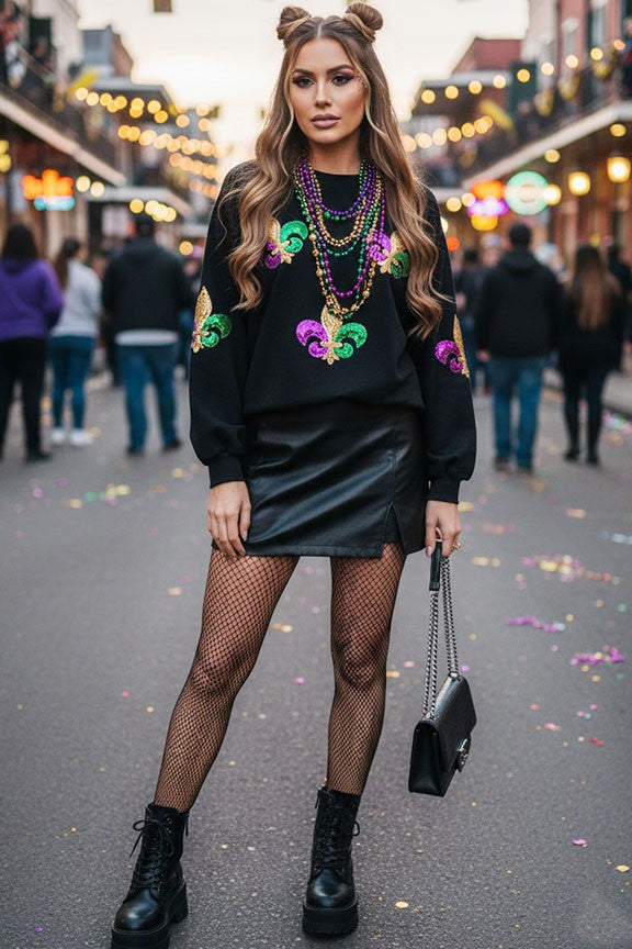 Black Fleur-De-Lis Multi Sequin Sweatshirt