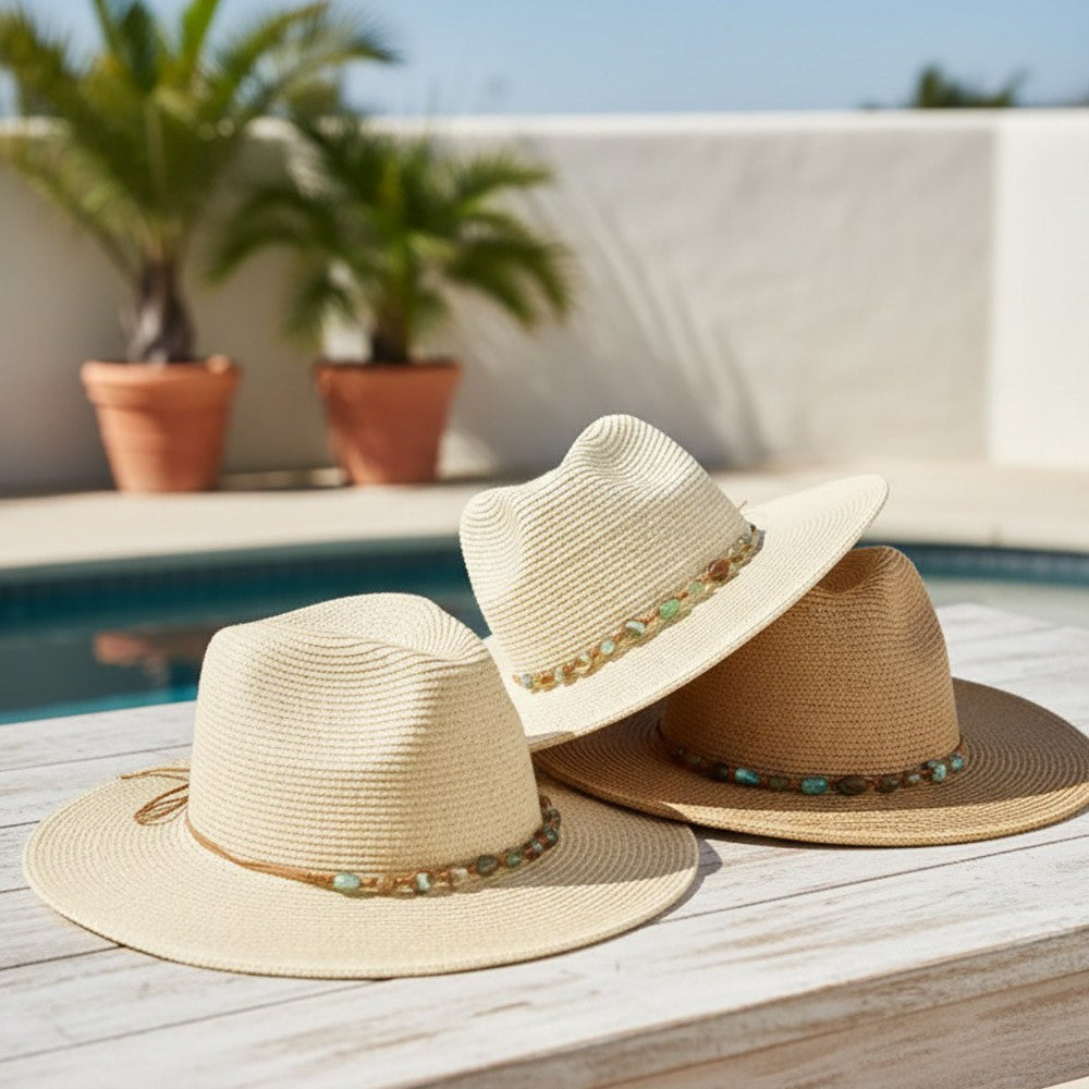 Straw Fedora Turquoise Stones Hat