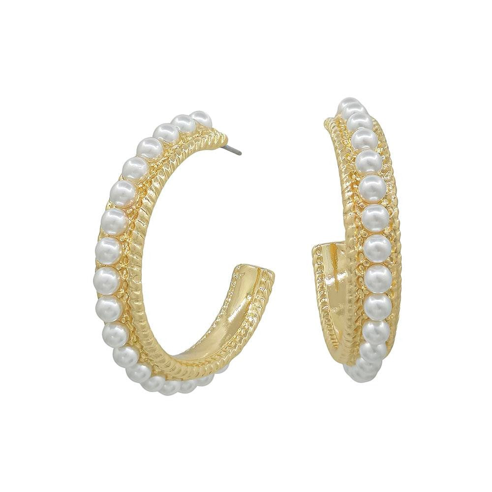 Gold Pearl 1.7" Hoop Earrings