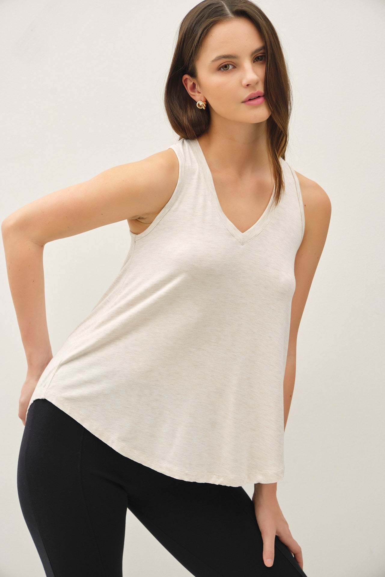 Oatmeal Flowy V-Neck Tank