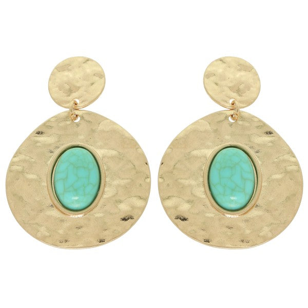 Turquoise Stone Gold Disk Earrings