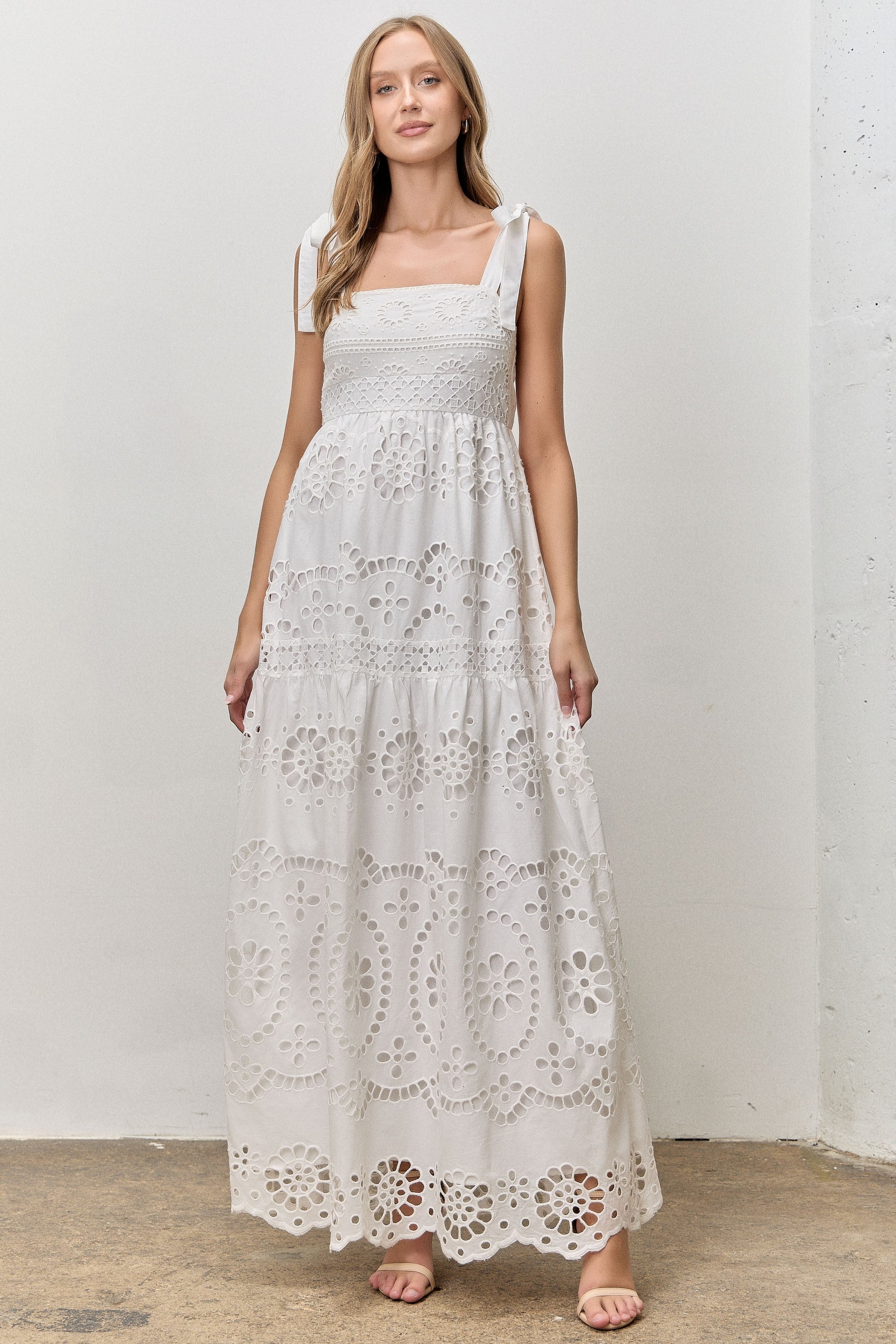 White Eyelet Shoulder Tie Midi Dress