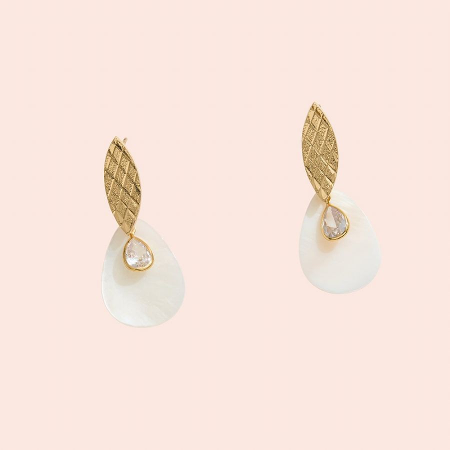 14k Gold Dipped Leaf Mother Of Pearl Earrings