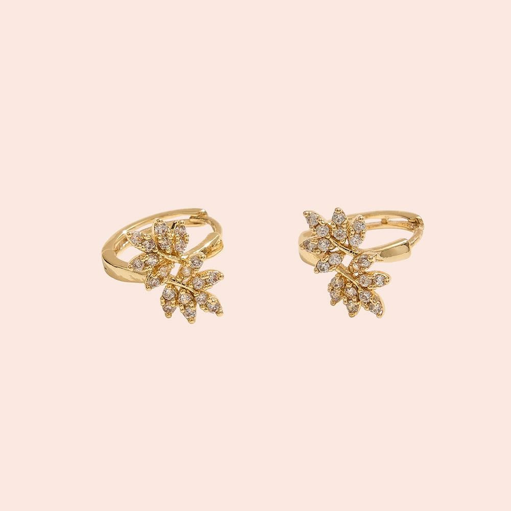 14k Gold Dipped Leaf Cz Huggie Earrings
