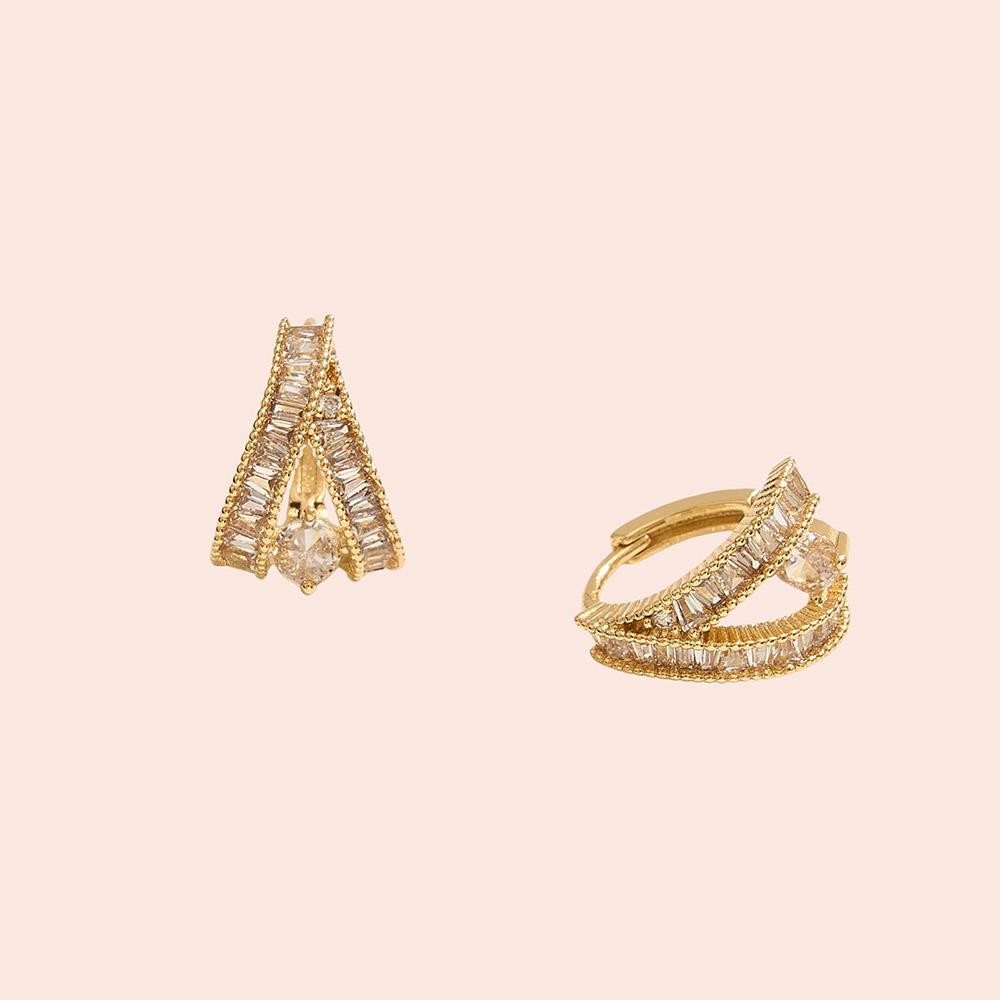 14k Gold Dipped Cz Double Row Huggie Hoops