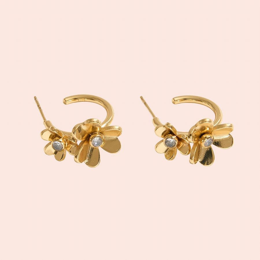 14k Gold Dipped Cz Dual Flower Post Hoop