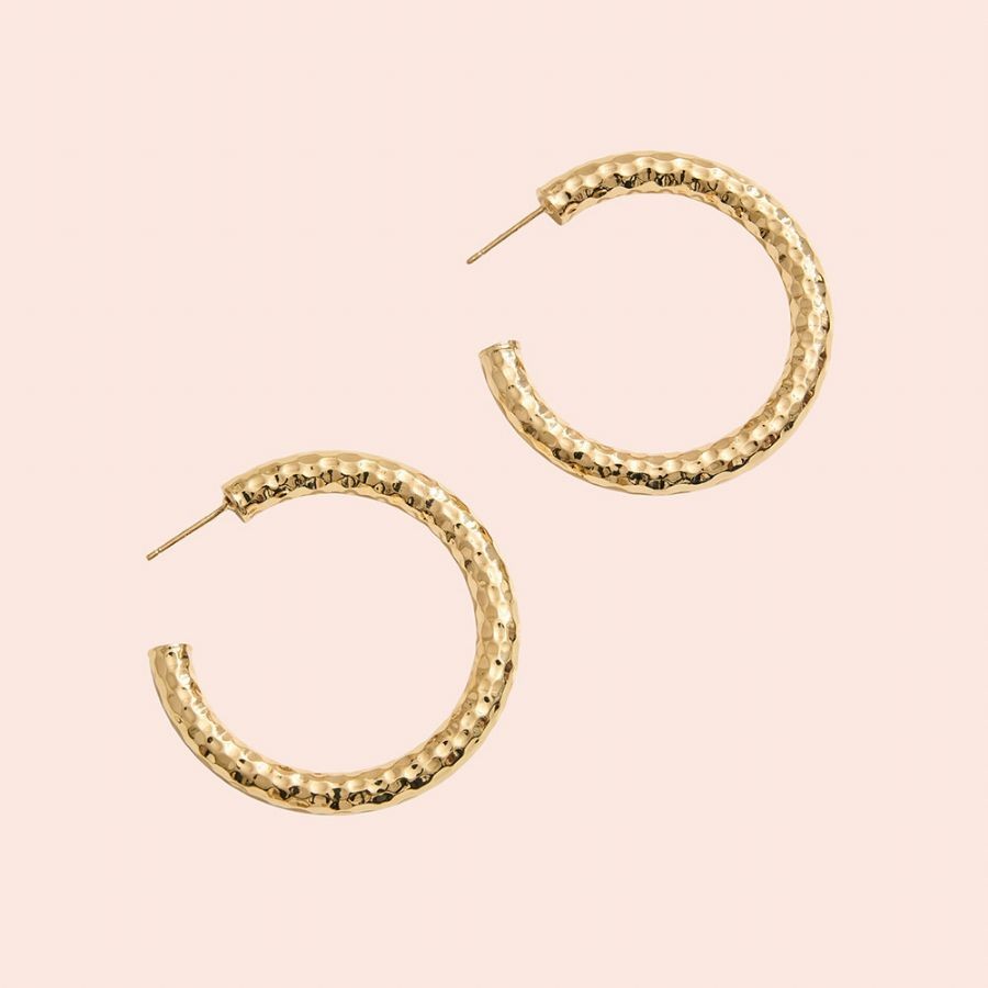 14k Gold Dipped Hammered Textured Post Hoop