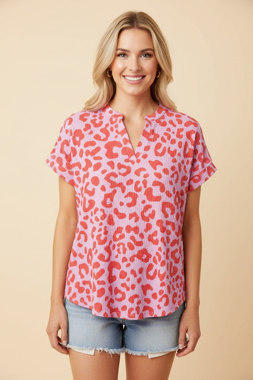 Pink & Red Leopard V-Neck Top