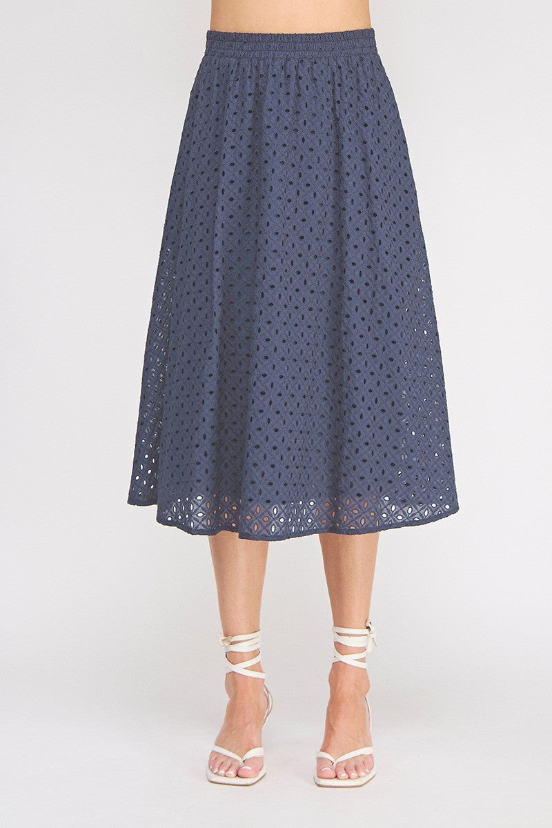 Navy Eyelet Elastic Waist Midi Skirt
