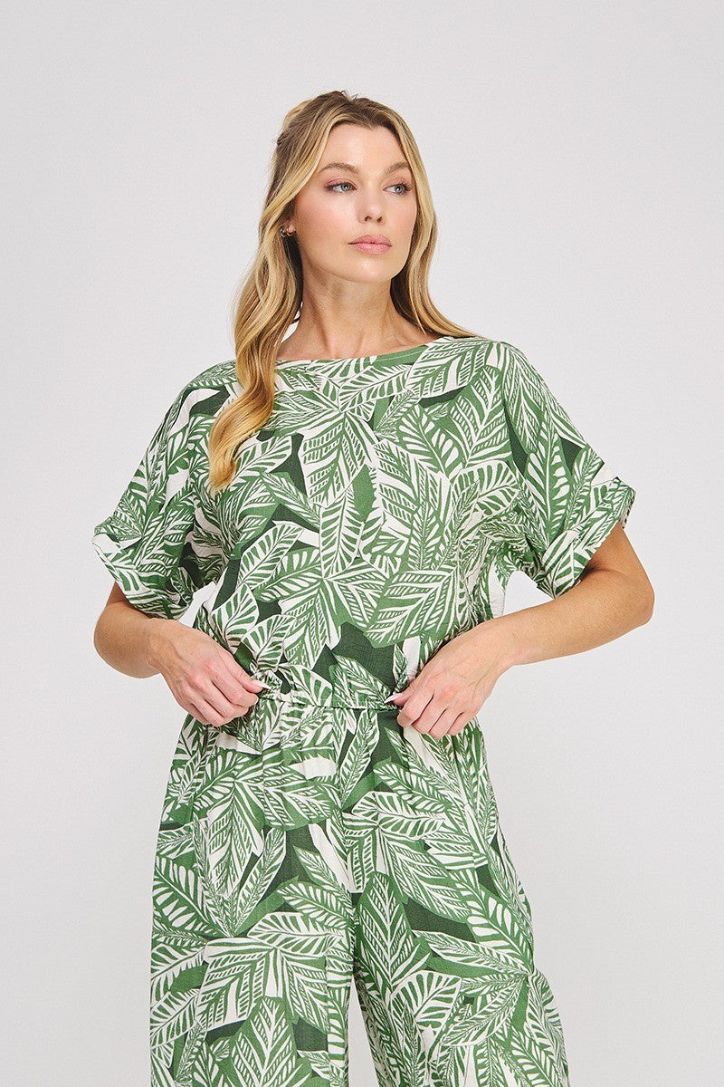 Green Palms Print Elastic Waist Top