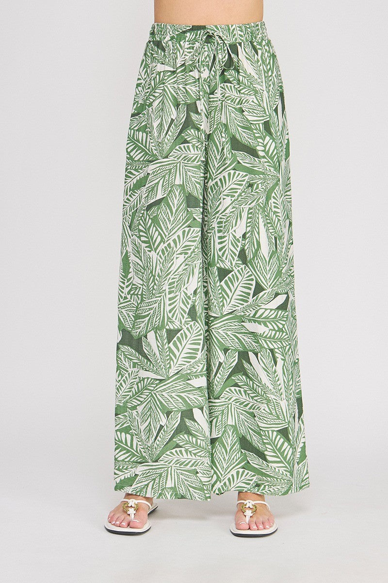 Green Palms Print Wide Leg Pants