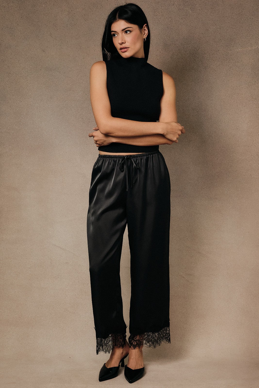 Black Satin Lace Trim Pants